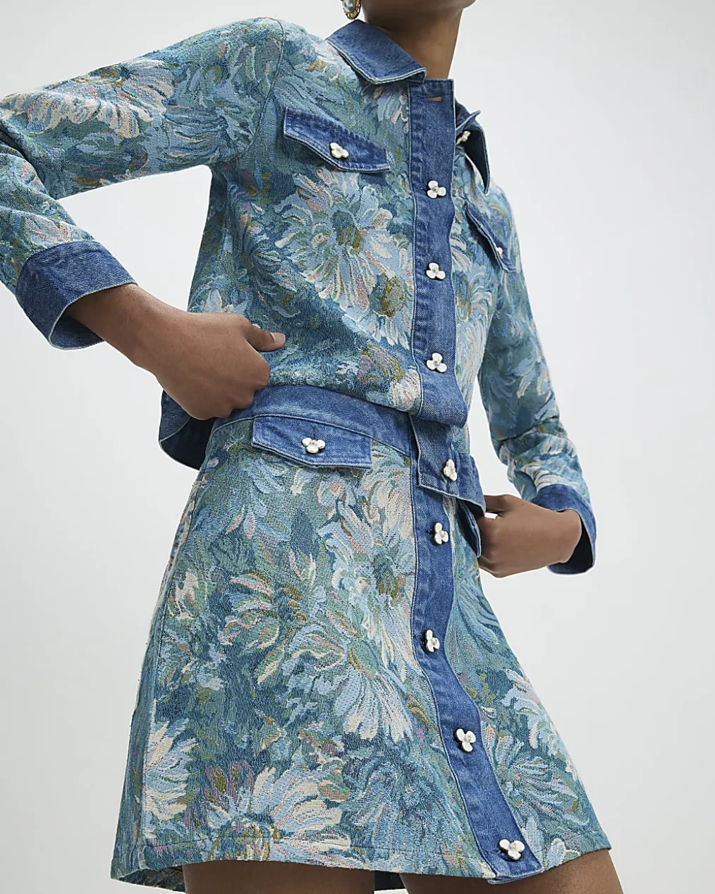 Blue Denim Floral Tapestry Mini Skirt