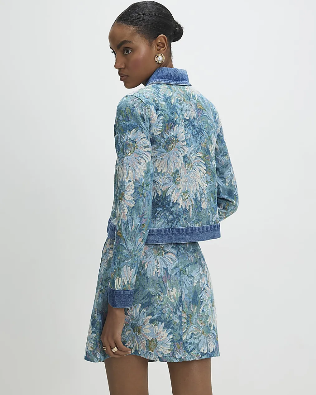 Blue Denim Floral Tapestry Mini Skirt