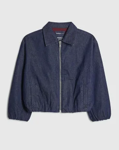 Blue Denim Gathered Hem Bomber Jacket
