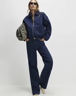 Blue Denim Gathered Hem Bomber Jacket