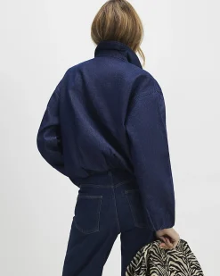 Blue Denim Gathered Hem Bomber Jacket