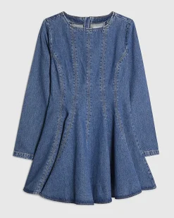 Blue Denim Long Sleeve Seamed Mini Dress