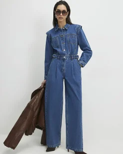 Blue Denim Long Sleeve Waisted Jumpsuit