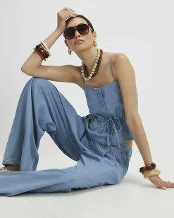 Blue Denim Look Drawstring Waist Cami Top