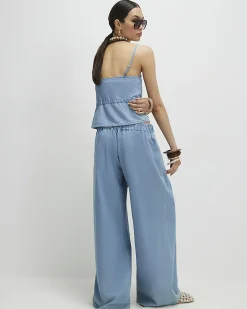 Blue Denim Look Drawstring Wide Leg Trousers