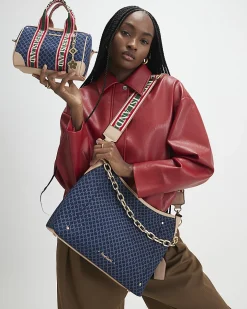 Blue Denim Monogram Print Chain Shoulder Bag