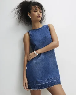 Blue Denim Popper Side Mini Swing Dress