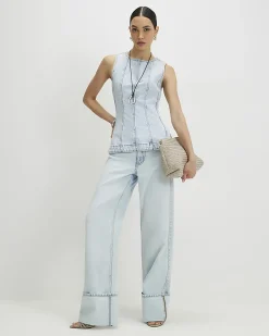 Blue Denim Seamed Peplum Top