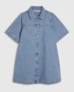 Blue Denim Short Sleeve Button Through Dress