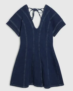Blue Denim Short Sleeve Seamed Mini Dress