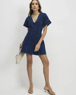 Blue Denim Short Sleeve Seamed Mini Dress