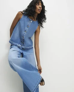 Blue Denim Sleeveless Raw Hem Top