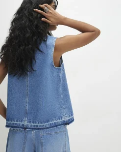 Blue Denim Sleeveless Raw Hem Top