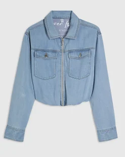 Blue Denim Tencel Bubble Hem Bomber Jacket