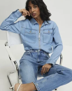 Blue Denim Tencel Bubble Hem Bomber Jacket