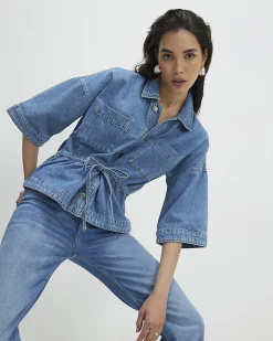 Blue Denim Tie Front Top