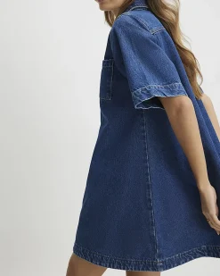 Blue Denim Zip Front Mini Shirt Dress