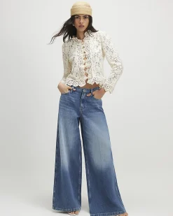Blue Elasticated Back Wide Leg Jeans