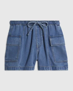 Blue Elasticated Waist Denim Cargo Shorts