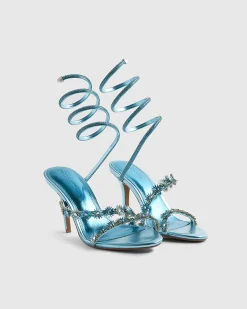 Blue Embellished Floral Wrap Heeled Sandals