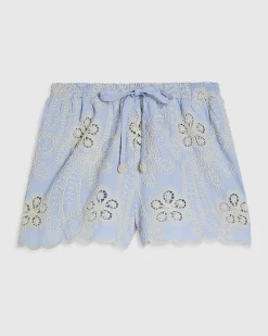Blue Embroidered Crochet Shorts