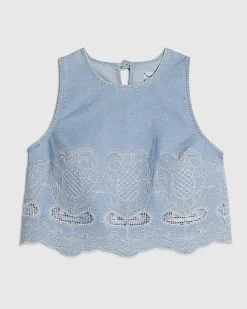 Blue Embroidered Denim Shell Crop Top