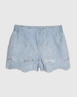 Blue Embroidered Elastic Denim Shorts