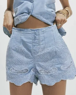 Blue Embroidered Elastic Denim Shorts
