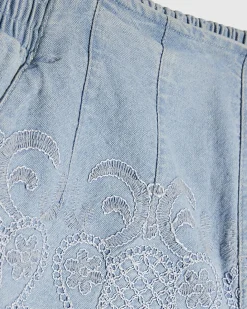 Blue Embroidered Elastic Denim Shorts