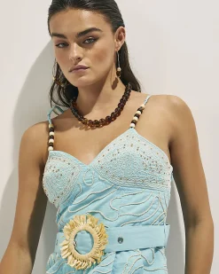 Blue Embroidered Straw Belt Detail Playsuit