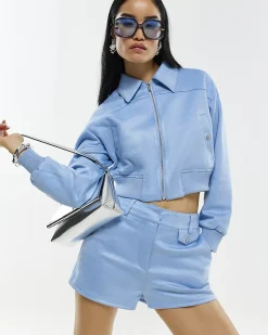 Blue Faux Suede Bomber Jacket