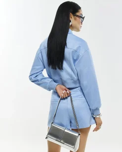 Blue Faux Suede Bomber Jacket