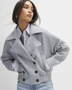 Blue Faux Suede Collared Bomber Jacket