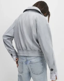 Blue Faux Suede Collared Bomber Jacket