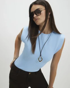 Blue Fitted Knit Sleeveless Top