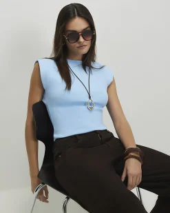 Blue Fitted Knit Sleeveless Top