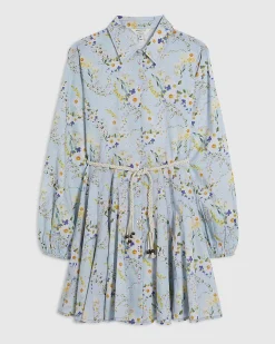 Blue Floral Belted Long Sleeve Shirt Dress