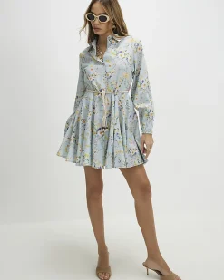 Blue Floral Belted Long Sleeve Shirt Dress