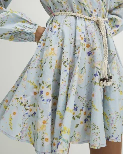Blue Floral Belted Long Sleeve Shirt Dress