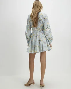Blue Floral Belted Long Sleeve Shirt Dress