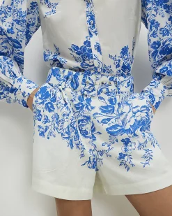Blue Floral Boarder Print Linen Blend Shorts