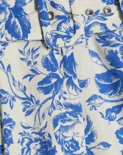 Blue Floral Boarder Print Linen Blend Shorts