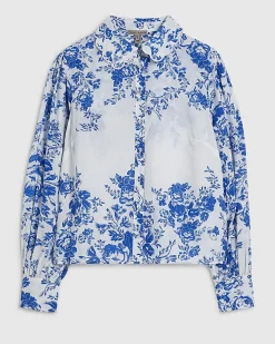 Blue Floral Boarder Print Linen Blend Blouse