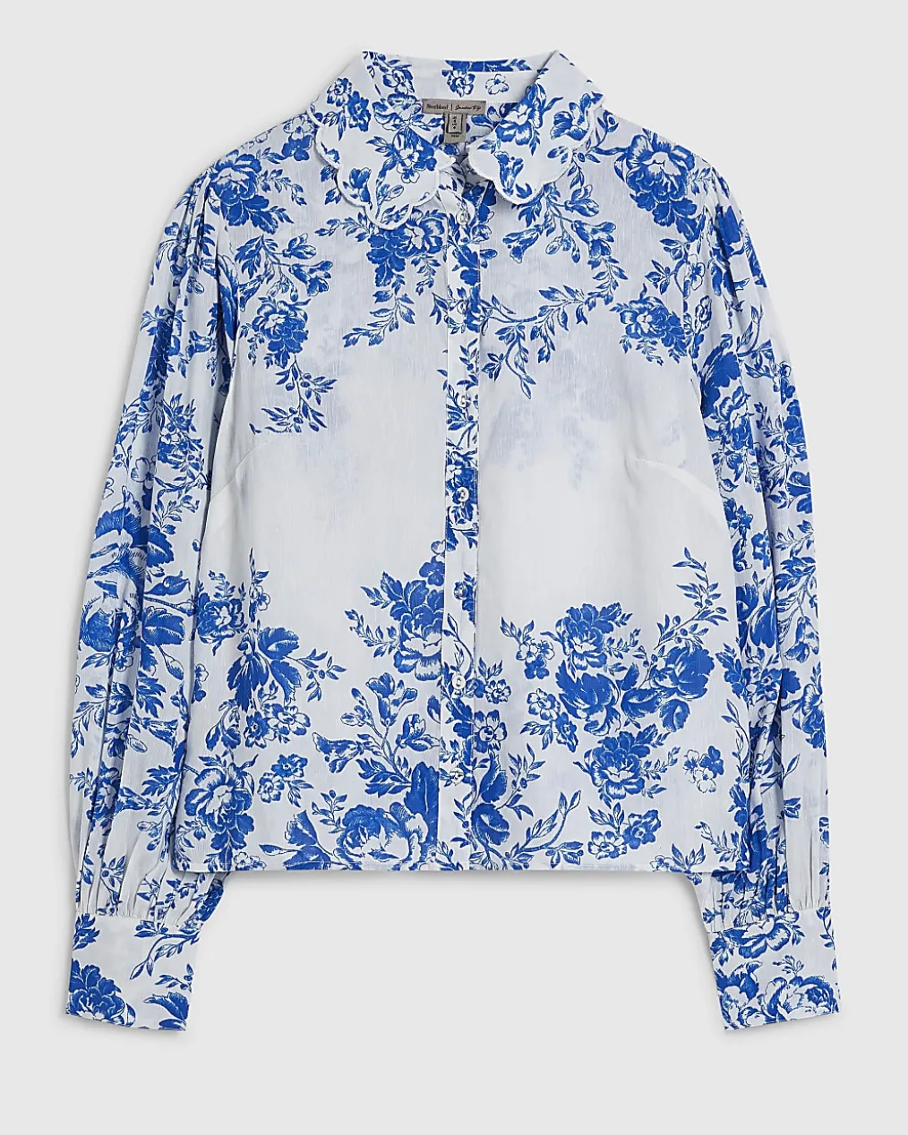 Blue Floral Boarder Print Linen Blend Blouse