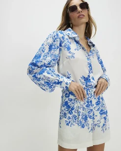 Blue Floral Boarder Print Linen Blend Blouse