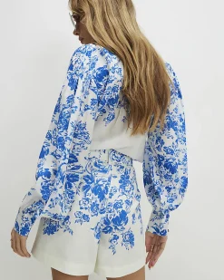 Blue Floral Boarder Print Linen Blend Blouse