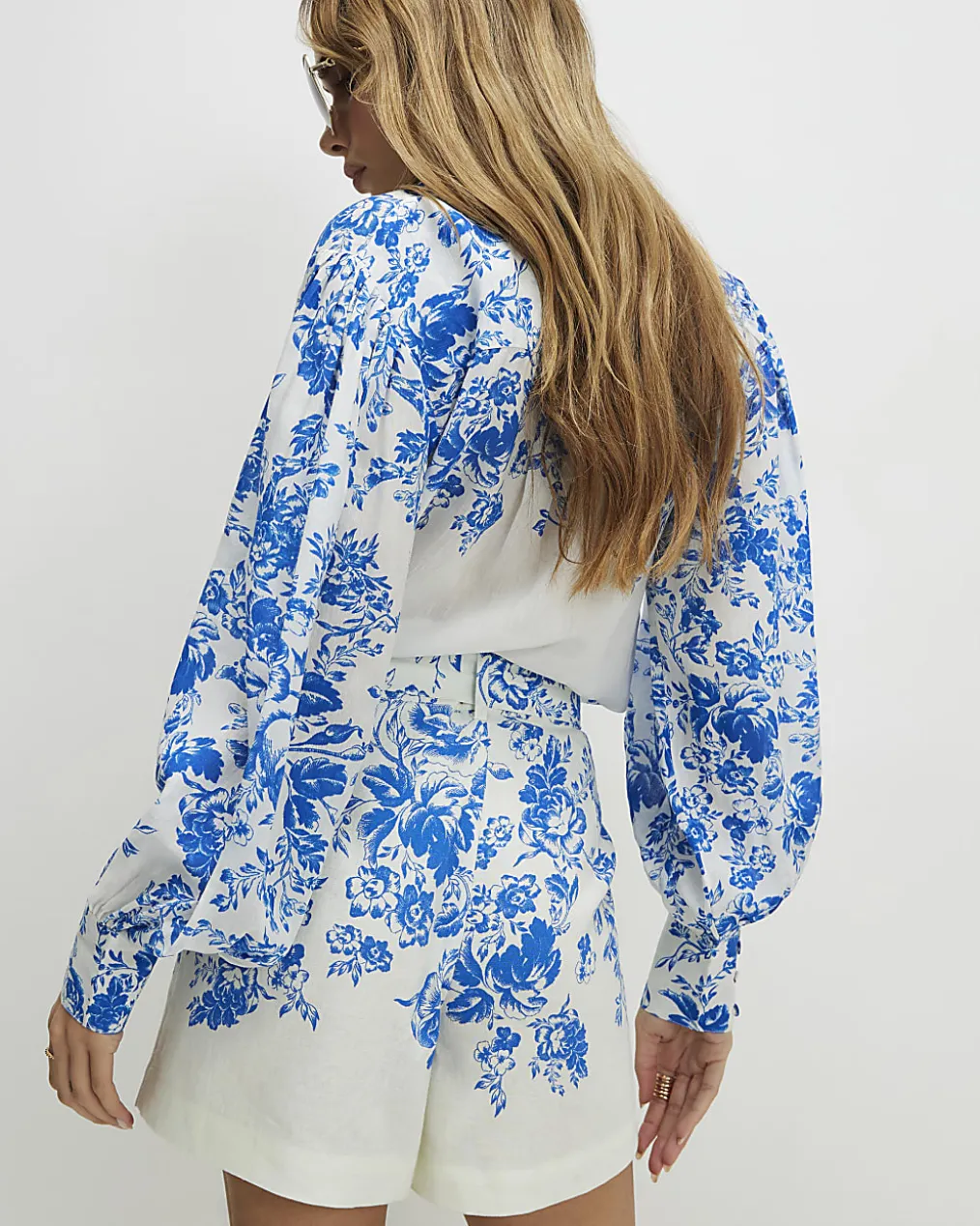 Blue Floral Boarder Print Linen Blend Blouse