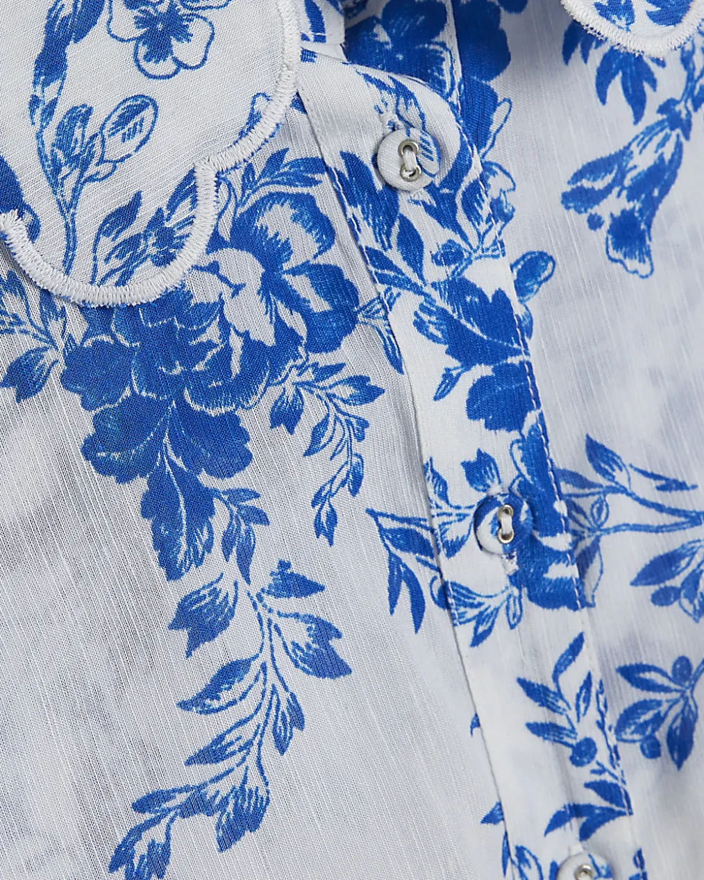 Blue Floral Boarder Print Linen Blend Blouse