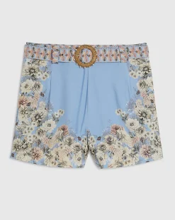 Blue Floral Border Print Shorts