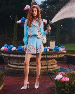 Blue Floral Border Print Shorts